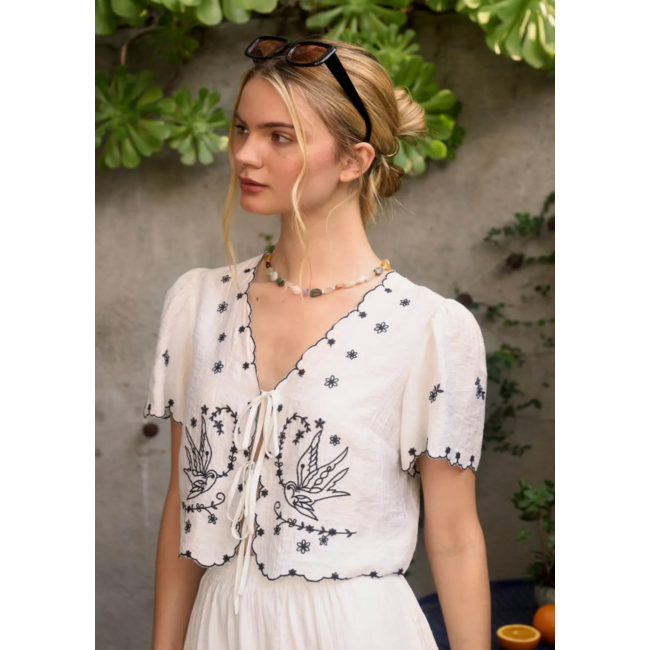 Bird Embroidery Short Sleeve Front Tie Top