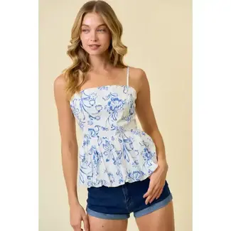 Poplin Floral Baby Doll Bubble Cami - Ivory Blue