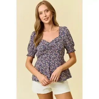 Ditsy Floral Short Sleeve Top - Navy