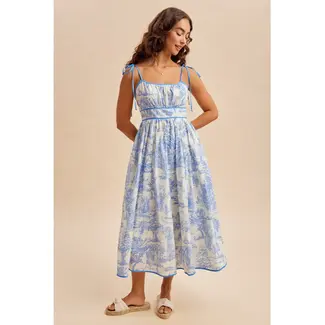 Cotton Toile Sleeveless Midi Dress In Blue