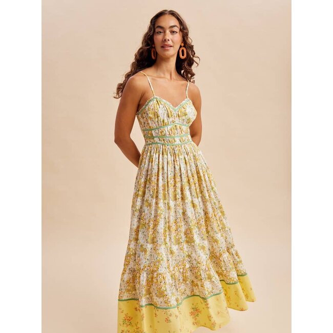 Cotton Piped Border Maxi Dress In Daffodil Multi