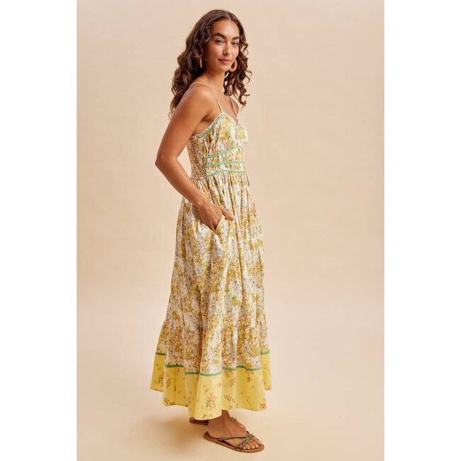 Cotton Piped Border Maxi Dress In Daffodil Multi