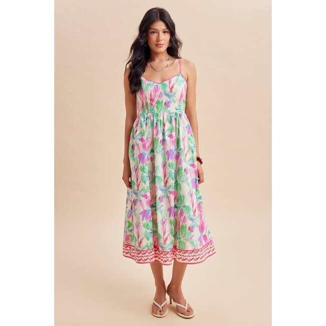 Floral Embroidered Hem Midi Dress In Electric Fuschia