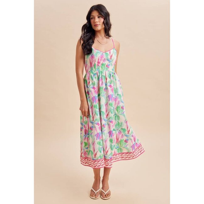Floral Embroidered Hem Midi Dress In Electric Fuschia