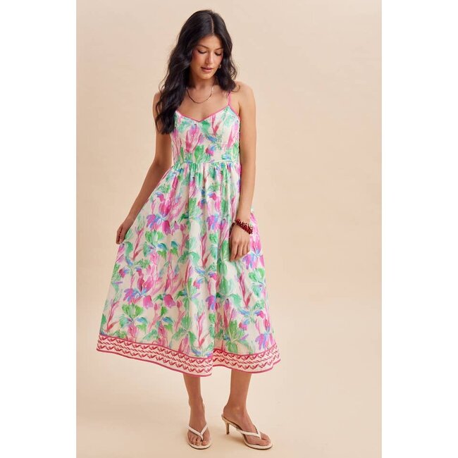 Floral Embroidered Hem Midi Dress In Electric Fuschia