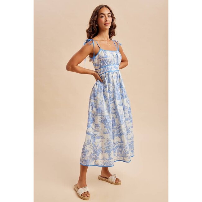 Cotton Toile Sleeveless Midi Dress In Blue