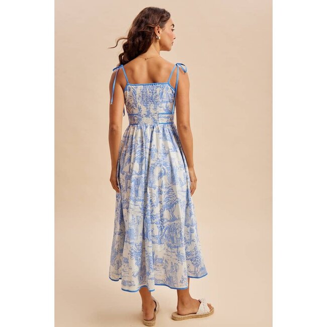 Cotton Toile Sleeveless Midi Dress In Blue