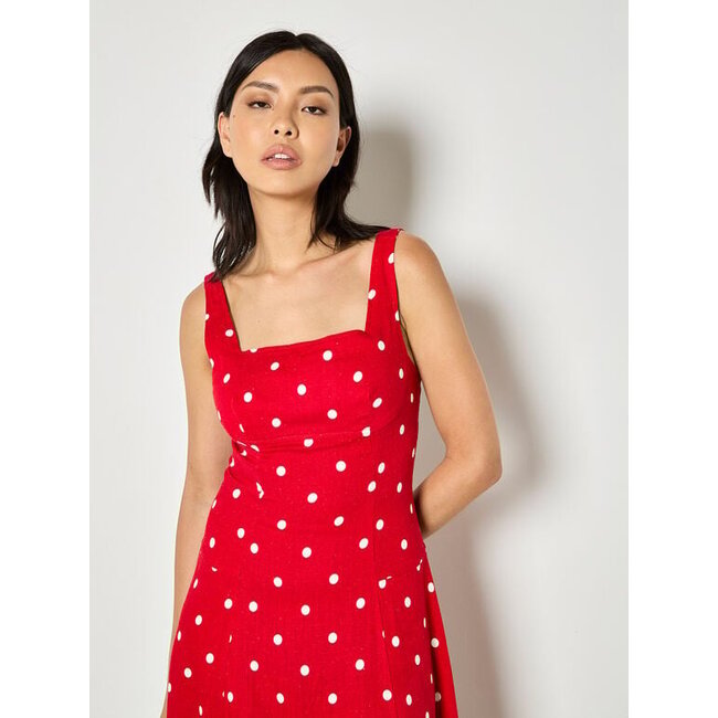 Apricot Polkadot Square Neck Midi Dress in Red