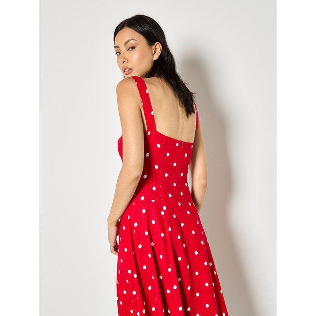 Apricot Polkadot Square Neck Midi Dress in Red
