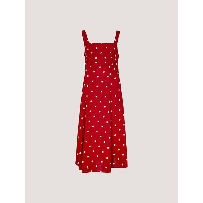 Apricot Polkadot Square Neck Midi Dress in Red