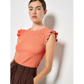 Apricot Textured Jersey Ruffle Sleeve Tee in Coral