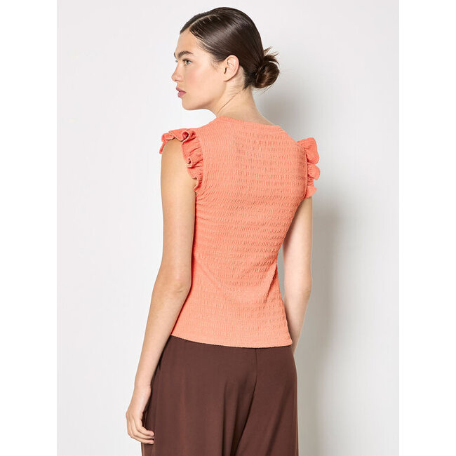 Apricot Textured Jersey Ruffle Sleeve Tee in Coral