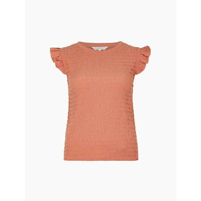 Apricot Textured Jersey Ruffle Sleeve Tee in Coral