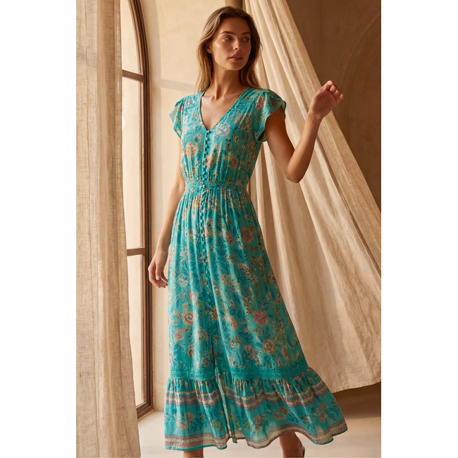 Annick Lizette Floral Blue Button-Front Maxi Dress