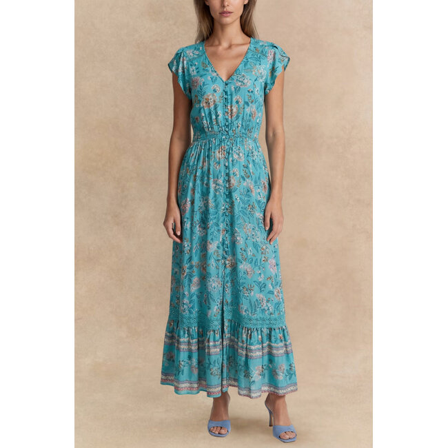 Annick Lizette Floral Blue Button-Front Maxi Dress