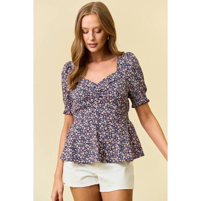 Ditsy Floral Short Sleeve Top - Navy