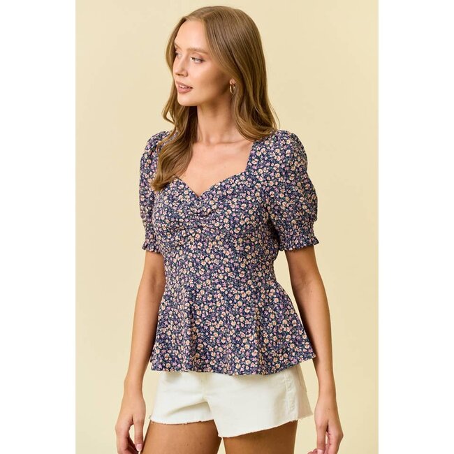 Ditsy Floral Short Sleeve Top - Navy