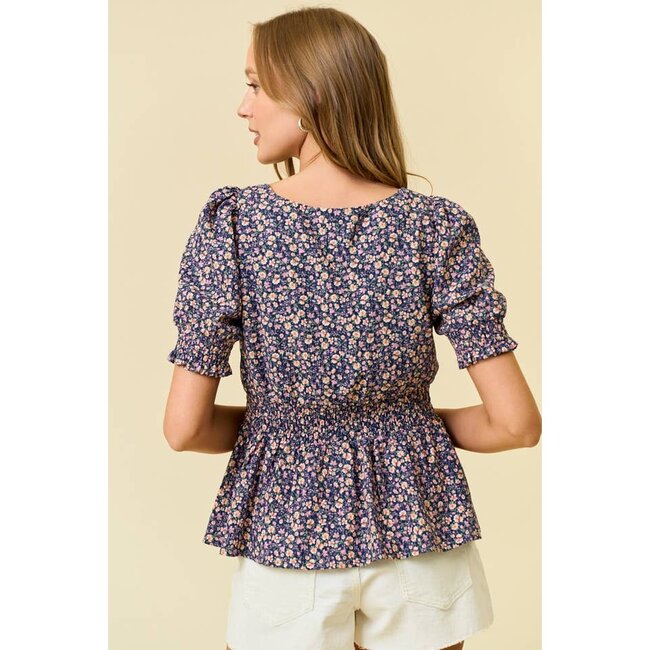 Ditsy Floral Short Sleeve Top - Navy