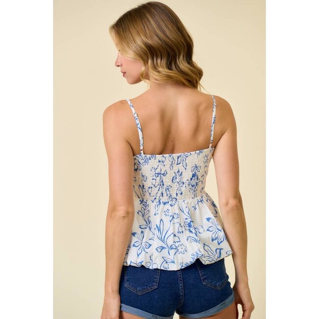 Poplin Floral Baby Doll Bubble Cami - Ivory Blue