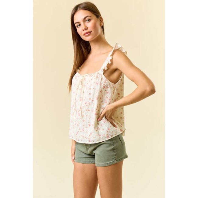 Floral Print Ruched Tie Front Cami Top - Rose