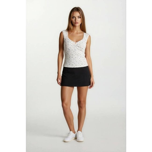 Floral Ribbed Sweetheart Neck Top - Heather Grey