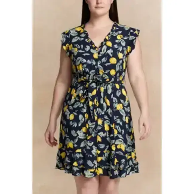 Annick Natasha Lemon Print Short Dress Pockets - Navy