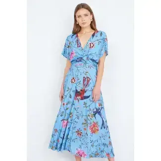 Yumi Blue Viscose Bird And Floral Print Midi Dress