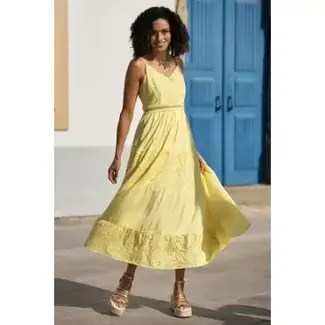 Yumi Butter Yellow Cotton Lace Trim Midi Dress