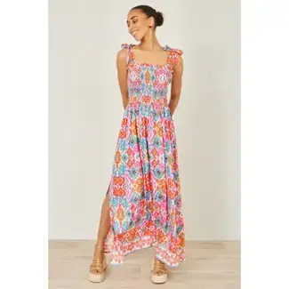 Yumi Multicolour Ikat Print Maxi Viscose Sun Dress