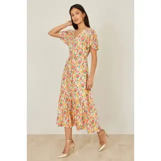 Yumi Multicolour Midi Tea Dress With Angel Sleeves