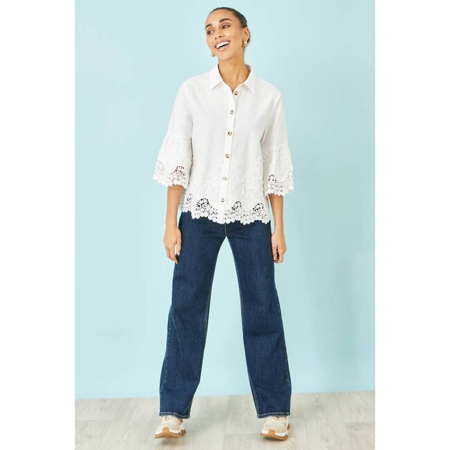 Yumi White Cotton Lace Border Shirt