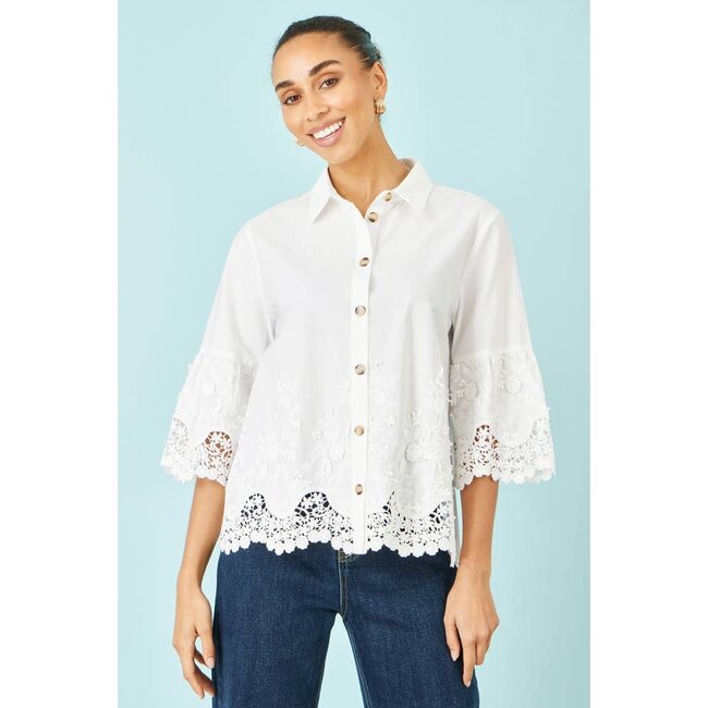 Yumi White Cotton Lace Border Shirt