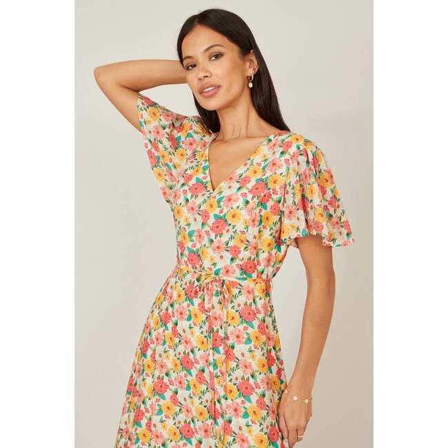 Yumi Multicolour Midi Tea Dress With Angel Sleeves