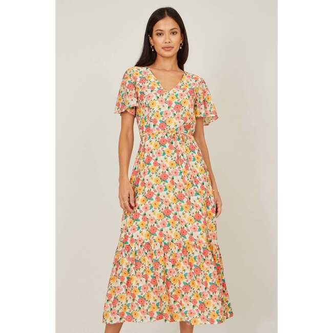 Yumi Multicolour Midi Tea Dress With Angel Sleeves