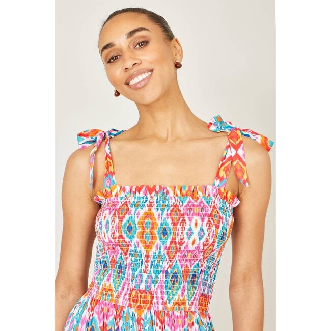Yumi Multicolour Ikat Print Maxi Viscose Sun Dress