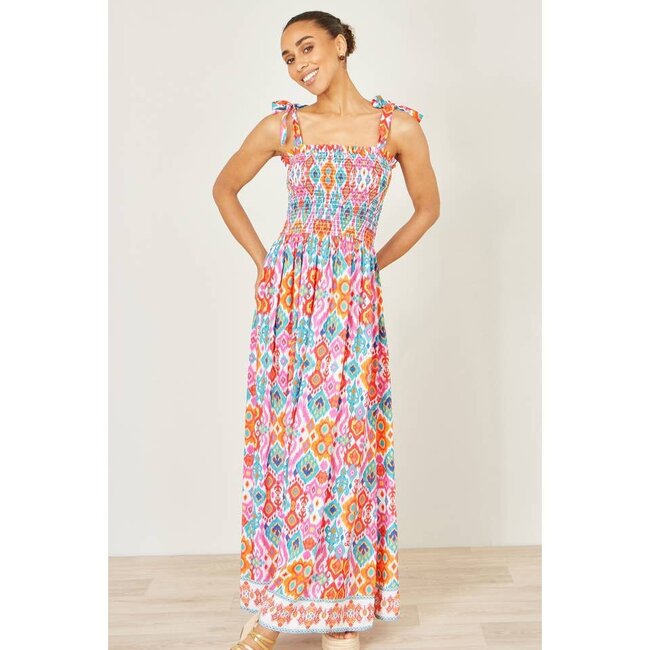 Yumi Multicolour Ikat Print Maxi Viscose Sun Dress