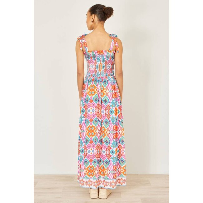 Yumi Multicolour Ikat Print Maxi Viscose Sun Dress