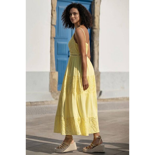 Yumi Butter Yellow Cotton Lace Trim Midi Dress