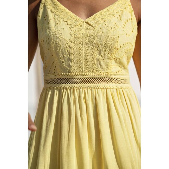 Yumi Butter Yellow Cotton Lace Trim Midi Dress
