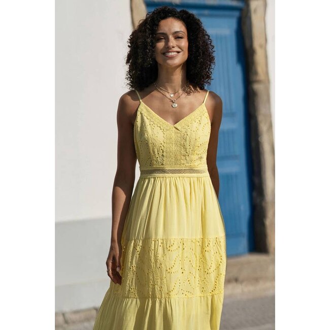 Yumi Butter Yellow Cotton Lace Trim Midi Dress