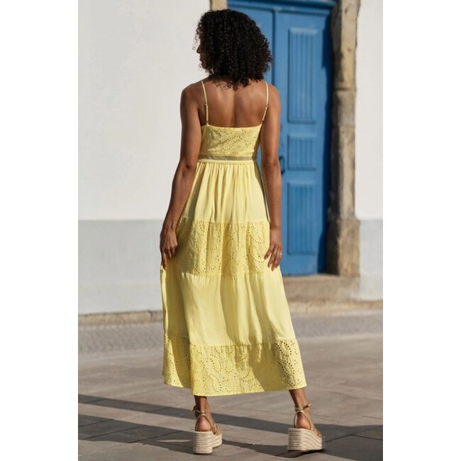 Yumi Butter Yellow Cotton Lace Trim Midi Dress