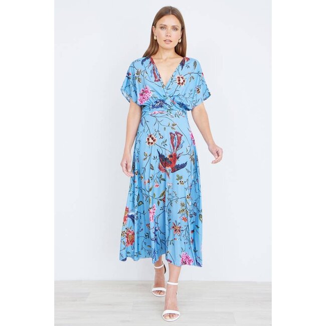 Yumi Blue Viscose Bird And Floral Print Midi Dress