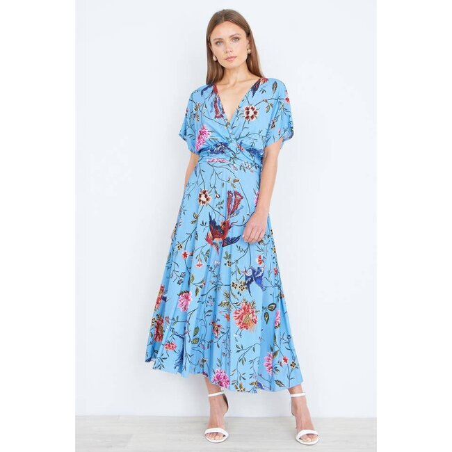 Yumi Blue Viscose Bird And Floral Print Midi Dress