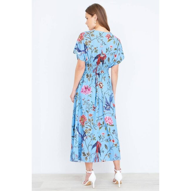 Yumi Blue Viscose Bird And Floral Print Midi Dress