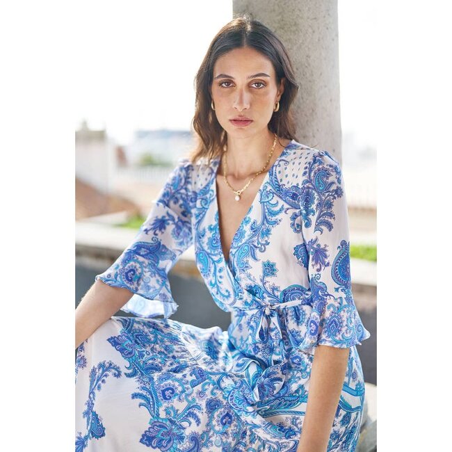 Yumi Blue Paisley Wrap Maxi Dress With 3/4 Sleeve