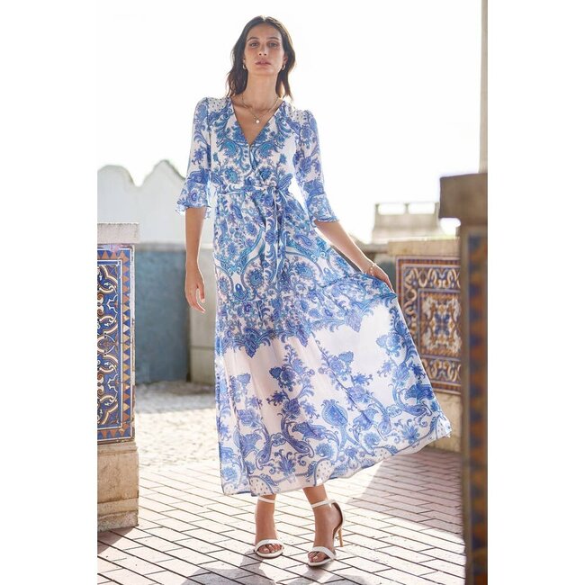 Yumi Blue Paisley Wrap Maxi Dress With 3/4 Sleeve