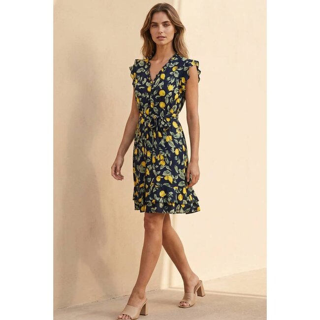 Annick Natasha Lemon Print Short Dress Pockets - Navy
