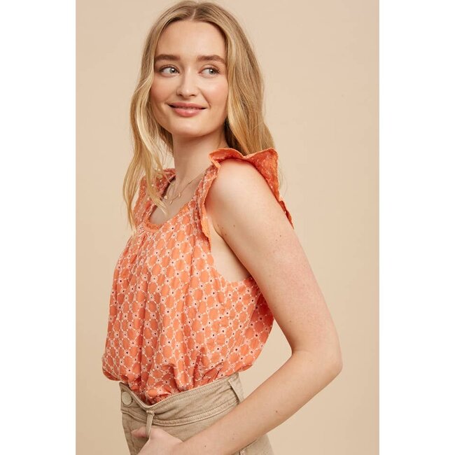 Eyelet Flutter Sleeve Cotton Blouse
