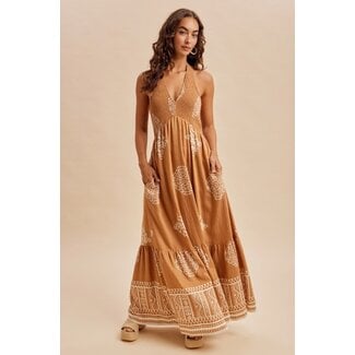 Smocked Border Print Maxi Dress In Sandalwood