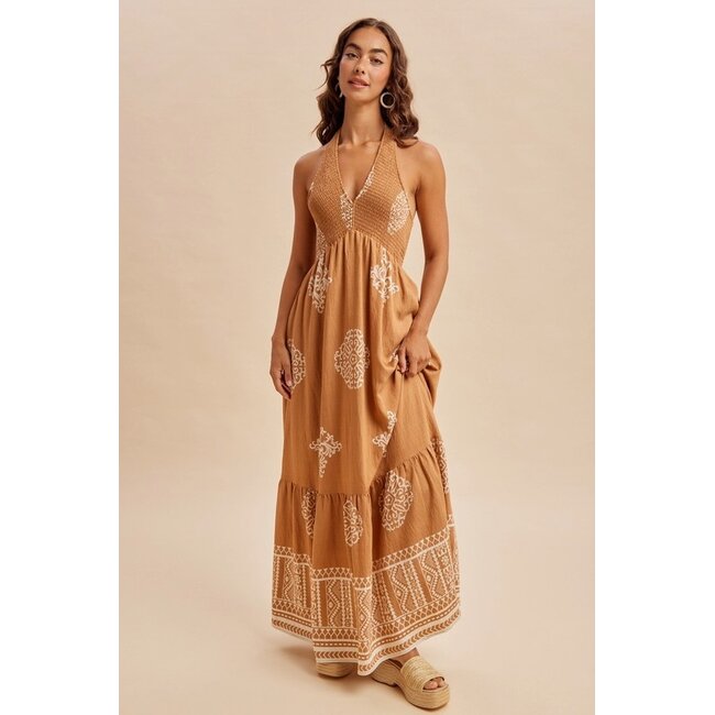 Smocked Border Print Maxi Dress In Sandalwood